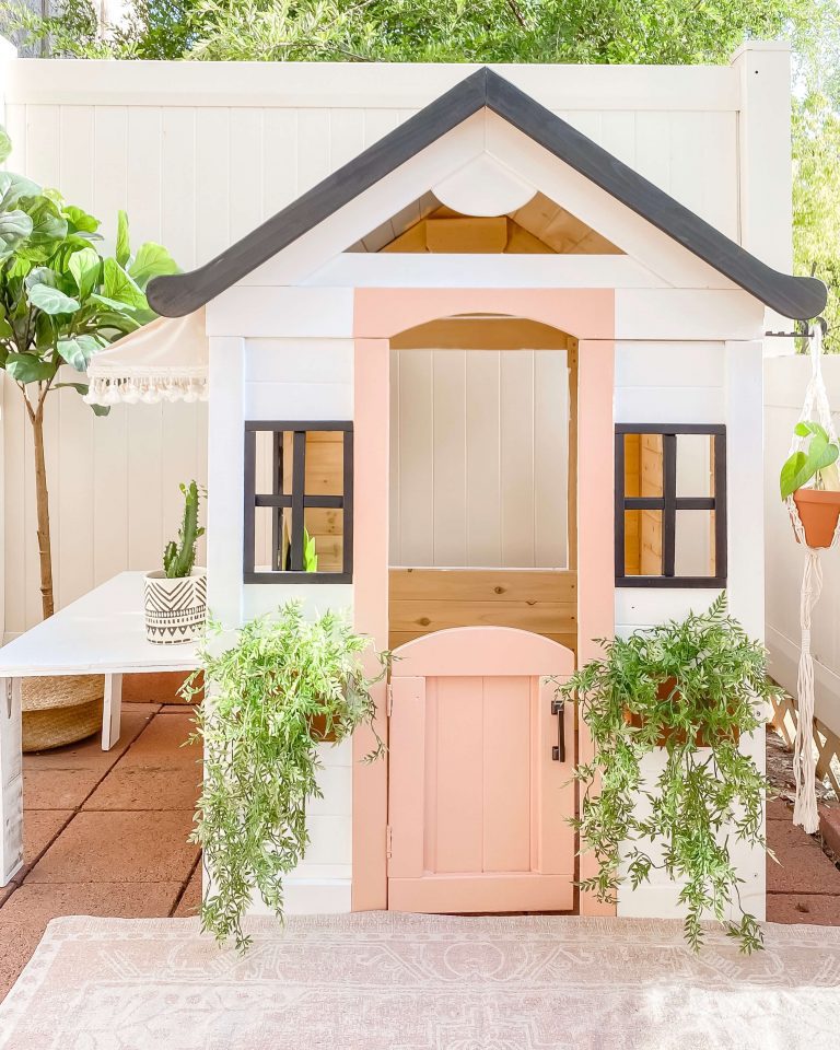 Playhouse Makeover - Playhouse Hacks - Wooden Playhouse - Cafe Playhouse - DIY Kids Table - DIY Awning - tiffanieanne.com