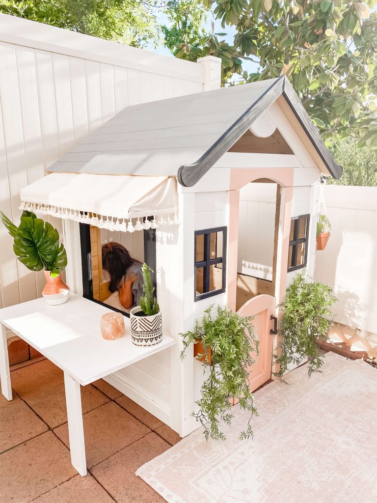 Playhouse Makeover - Playhouse Hacks - Wooden Playhouse - Cafe Playhouse - DIY Kids Table - DIY Awning - tiffanieanne.com