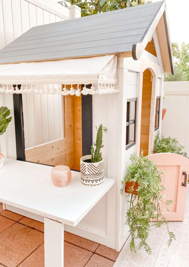 Playhouse Makeover - Playhouse Hacks - Wooden Playhouse - Cafe Playhouse - DIY Kids Table - DIY Awning - tiffanieanne.com