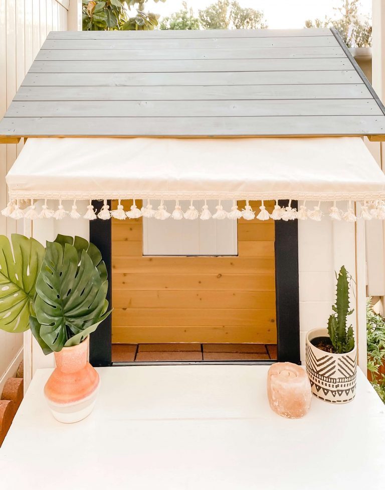 Playhouse Makeover - Playhouse Hacks - Wooden Playhouse - Cafe Playhouse - DIY Kids Table - DIY Awning - tiffanieanne.com