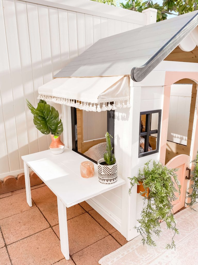 Playhouse Makeover - Playhouse Hacks - Wooden Playhouse - Cafe Playhouse - DIY Kids Table - DIY Awning - tiffanieanne.com