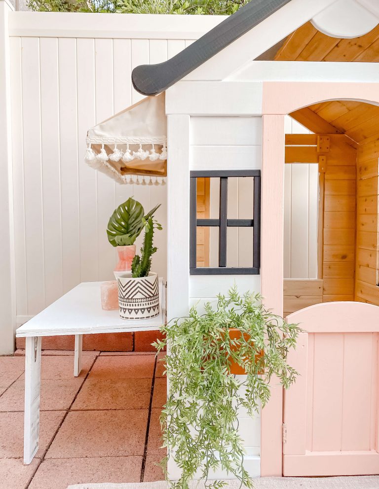 Playhouse Makeover - Playhouse Hacks - Wooden Playhouse - Cafe Playhouse - DIY Kids Table - DIY Awning - tiffanieanne.com