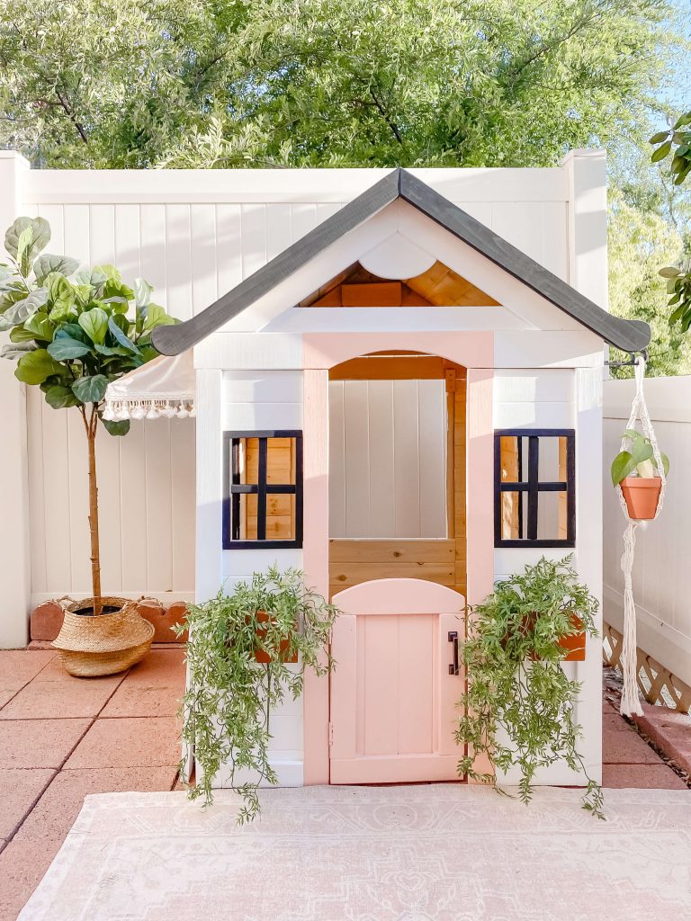 Playhouse Makeover - Playhouse Hacks - Wooden Playhouse - Cafe Playhouse - DIY Kids Table - DIY Awning - tiffanieanne.com