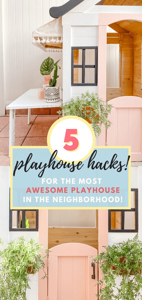 Playhouse Makeover | Playhouse Hacks | Wooden Playhouse | Cafe Playhouse | DIY Kids Table | DIY Awning | tiffanieanne.com
