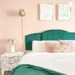 green-pink-bedroom-terrazzo-wallpaper-peel-and-stick-gold-decor-sijo-eucalyptus-bedding-eco-friendly-sustainable-tiffanieanne.com